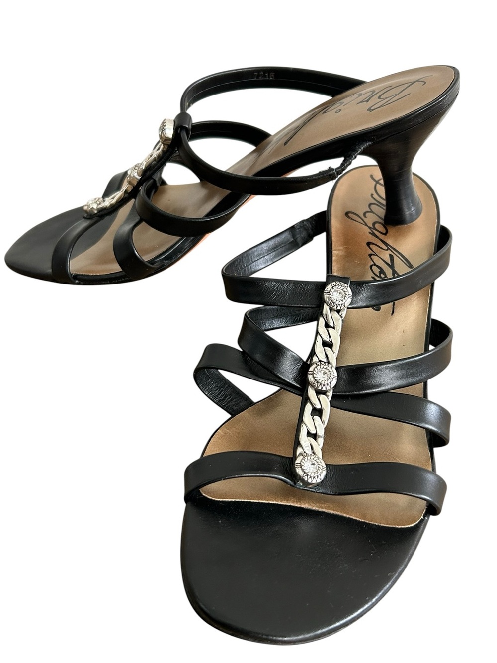 Brighton Tesoro Black Kitten Heel Sandals Silver Crystal Accents Size 9N